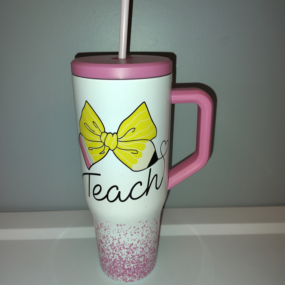 Hobby Lobby‎ White Pink Yellow "Teach" Travel Tumbler with Straw